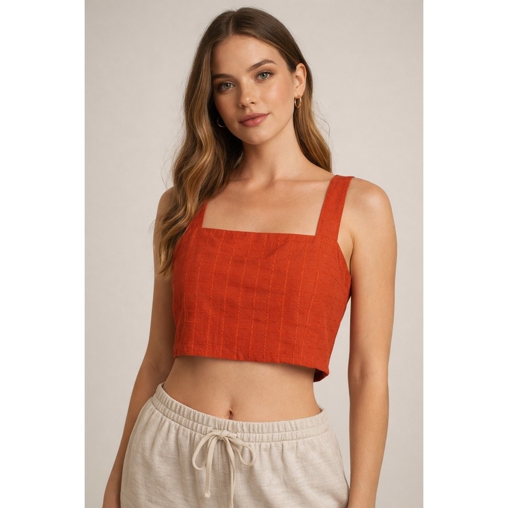 The Normal Brand Rust Orange Windowpane Textured Crop Tank Top Small NWT